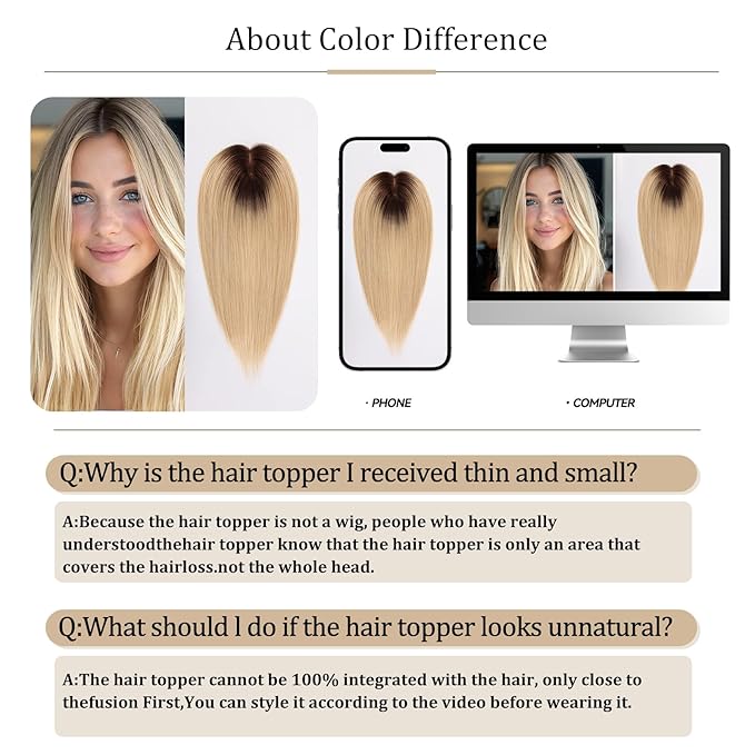 HAIRCUBE Human Hair Toppers For Women 100% Remy Human Hair No Bangs 120% Density Silk Base Clip In Topper For Slight Hairloss For Women 16 inch 60g - Ombre Light Blonde