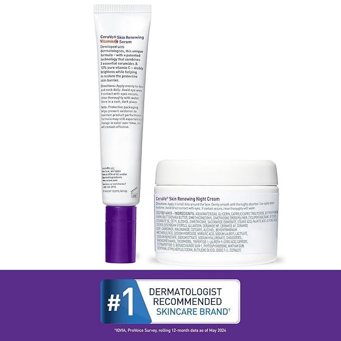CeraVe Vitamin C Serum and Night Cream Skin Care Set Brightening Serum with 10% Pure Vitamin C &amp Night Moisturizer with Peptides + Hyaluronic Acid Travel Essentials 1oz Vit C + 1.7oz Moisturize