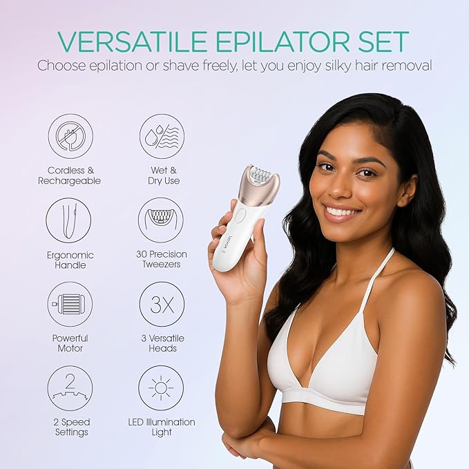 VOYOR Epilator for Women 3 in 1 Epilator Hair Removal for Women Epilators Hair Remover for Leg Arm with 30 Tweezers Rechargeable &amp Cordless Electric Lady Shaver &amp Trimmer BM300 (Champagne G