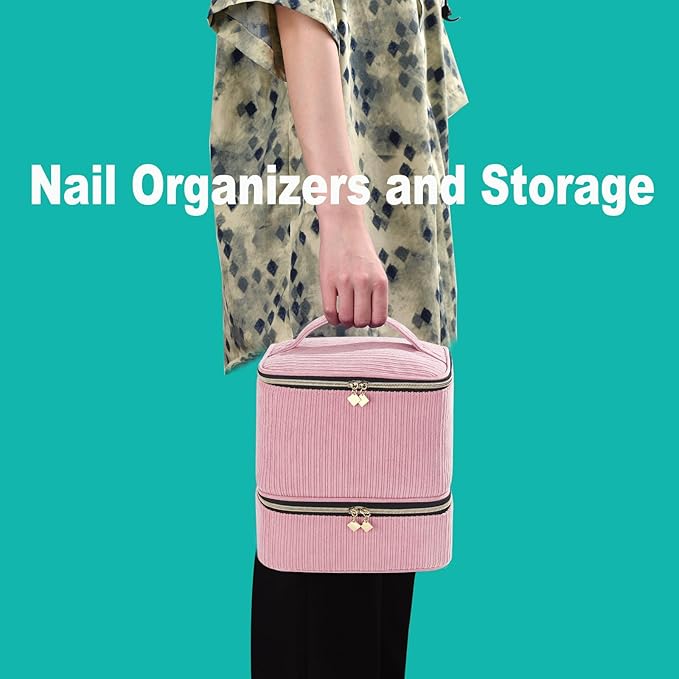 Corduroy Nail Polish Organizer and Nail Lamp Case Nail Kit Organizer Holds 30 Bottles (15ml - 0.5 fl.oz) and a Nail Lamp Nail Polish Carrying Case with Manicure Tools Storage Sections (Pink)
