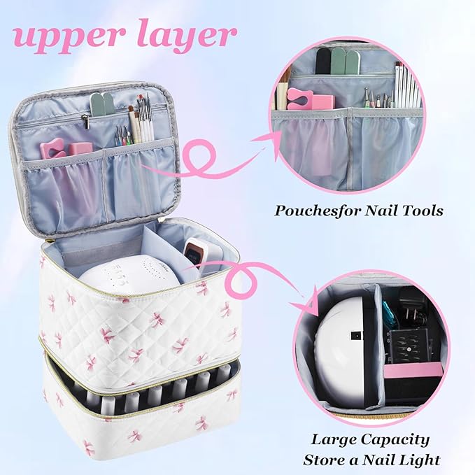 PU Leather Nail Polish Organizer and Nail Lamp Case Nail Kit Organizer Holds 30+ Bottles (15ml - 0.5 fl.oz) and a Nail Lamp Nail Polish Carrying Case with Manicure Tools Storage Sections (Pink Bow)