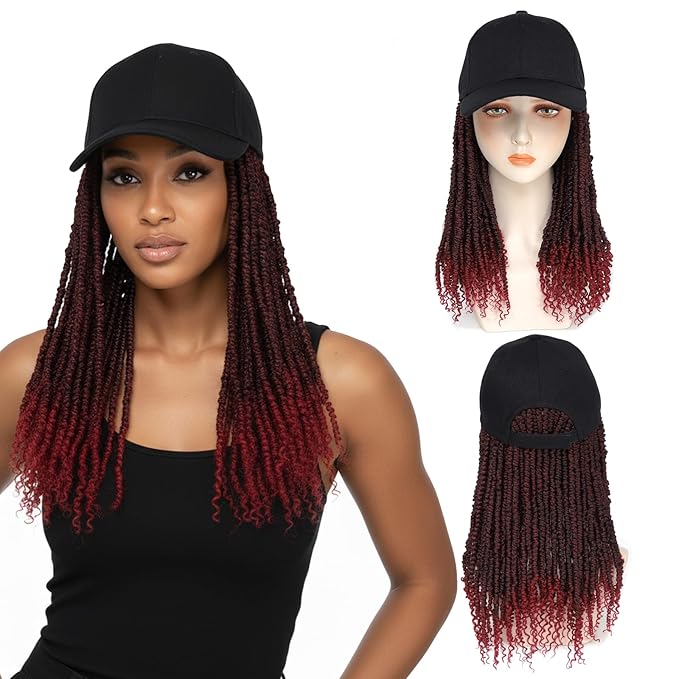Hat Wig Baseball Cap with Short Pre-Twisted Passion Twist Hair Extensions Synthetic ombre Black Burgundy Small Curly Ends Bomb Twists Adjustable Black Hat Wig for Black Women (12inch TBUG)