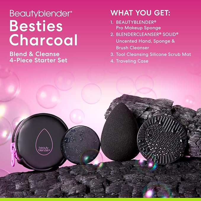Beautyblender® | Besties Charcoal Blend &amp Cleanse 4-Piece Starter Set Pro Black Makeup Sponge + Solid Charcoal Cleanser .558 oz + Silicone Scrub Mat + Travel Case Made in USA Vegan Cruelty Fre