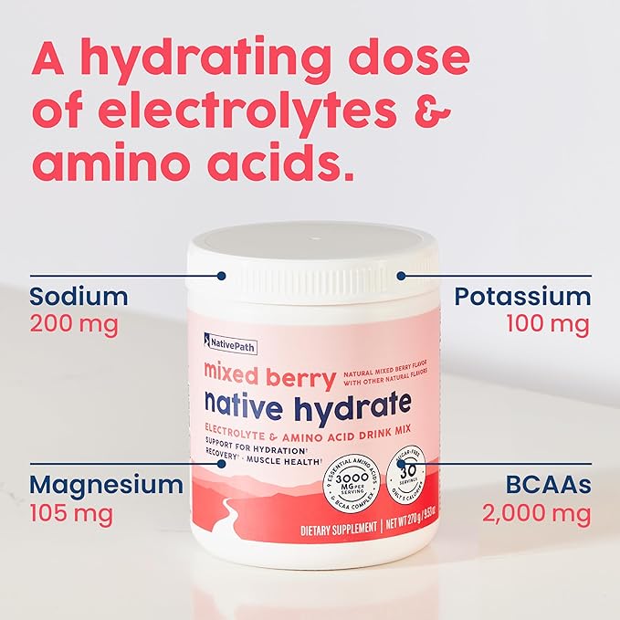 NativePath Native Hydrate Zero Sugar Electrolytes Powder with BCAAs Mixed Berry Hydration Keto &amp Paleo Friendly 30 Servings