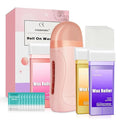 Roll On Wax Kit Portable Wax Roller Kit for Coarse/Fine Hair Removal Beginners Waxing Roller for All Skin Types with 3 Pcs 100g Roll Cartridge 100 Non-Woven Strips &amp 10 After Oil Wipes (F1_Pink