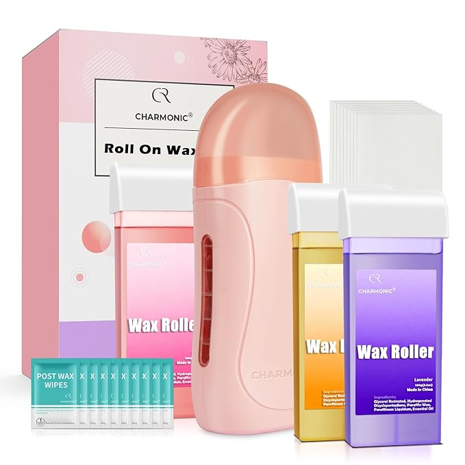 Roll On Wax Kit Portable Wax Roller Kit for Coarse/Fine Hair Removal Beginners Waxing Roller for All Skin Types with 3 Pcs 100g Roll Cartridge 100 Non-Woven Strips &amp 10 After Oil Wipes (F1_Pink