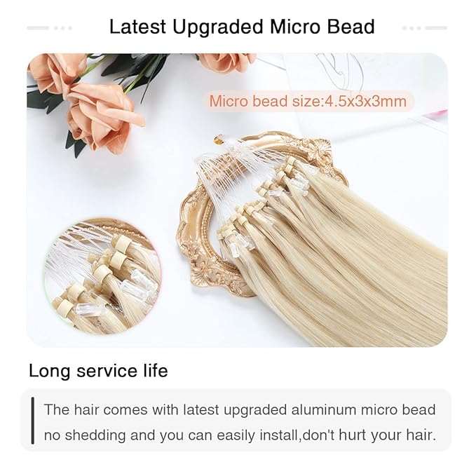 SUYYA Micro Links Hair Extensions Platinum Blonde Micro Loop Human Hair Extensions Straight Microlink Hair Extensions Human Hair 50 Strands 50g/Pack for Women(18 inch #60 Platinum Blonde)