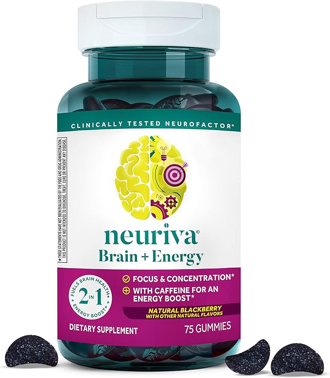 NEURIVA Brain + Energy Gummies Nootropic Brain Supplements for Focus and Concentration with Neurofactor Vitamin B12 &amp Caffeine for an Energy Boost* 75ct Natural BlackBerry