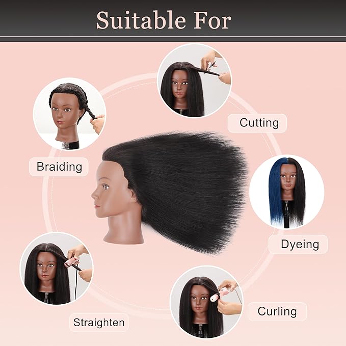 Mannequin Head with 100% Human Hair Manikin Head Human Hair Cosmetology Doll Head for Hair Styling Hairdresser Practice Braiding with Table Clamp Stand and Tools (16 inch + tripod)