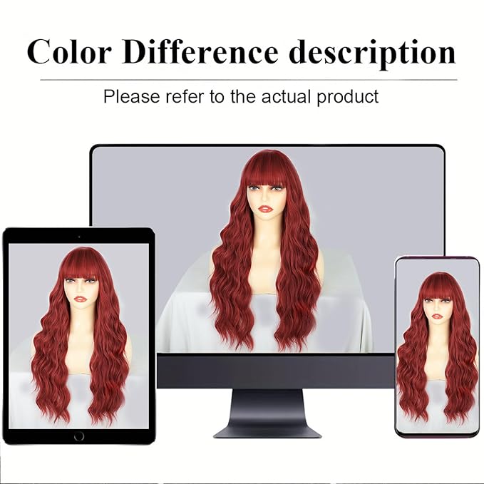 Lativ Red Wig With Bangs Long Red Wigs for Women 26 Inches Curly Wavy Hair Natural Looking Heat Resistant Fiber Wig for Girls Halloween Party Use