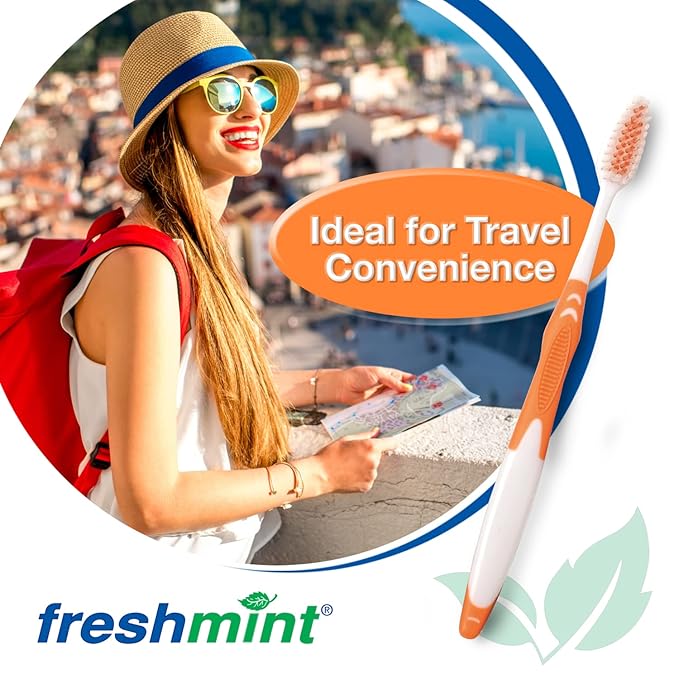 FRESHMINT Individually Wrapped Bulk Premium Toothbrushes (144 Pack) Oversized Easy Grip Rubber Handle Soft Multi Color Nylon Bristles Perfect for Travel Hotel Donation