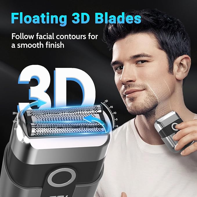Electric Foil Shavers for Men: Mini Electric Razor Foil Shaver for Face IPX7 Waterproof Wet Dry Cordless Razor with 3 Floating Blades LED Display for Travel &amp Home USB Type C