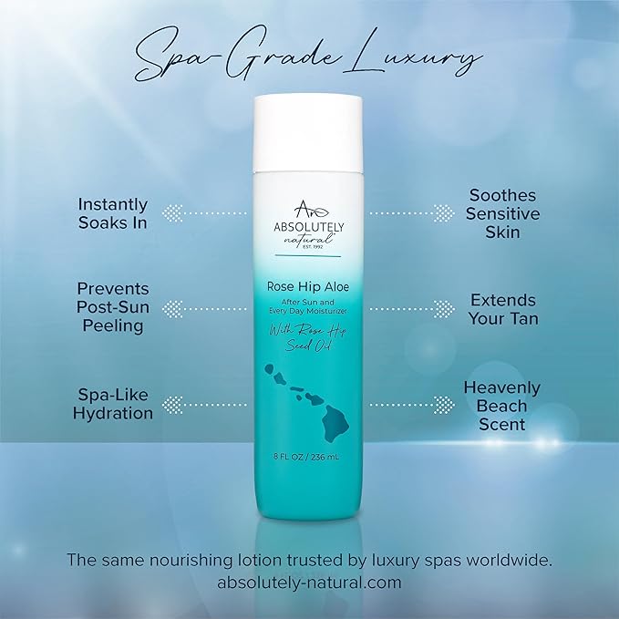 Absolutely Natural After Sun Lotion &amp Moisturizer with Aloe Vera Rose Hip Oils &amp Vitamin E | Helps Prevent Anti-Aging &amp Sunburn Relief - 8 Fl Oz