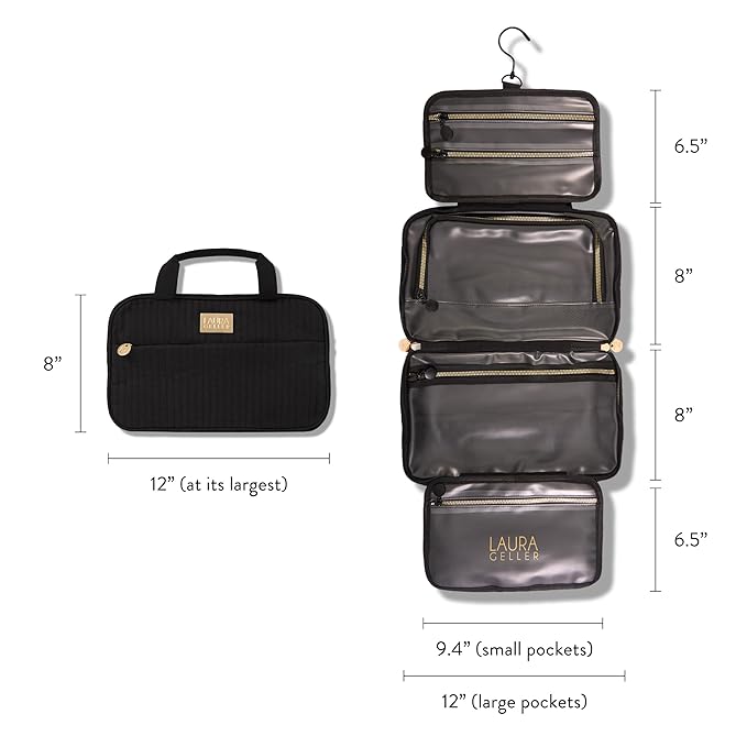 LAURA GELLER NEW YORK Quilted Folding Travel Makeup Bag Black - Hanging Toiletry Bag Organizer for Travel - Large Capacity Full Size Makeup Bag - Easy to Clean