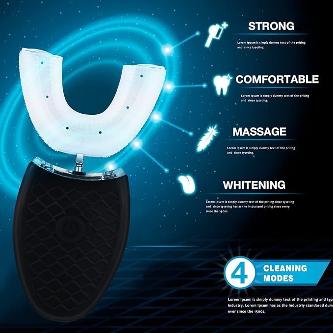 2 Pieces Ultrasonic Electric Toothbrush Adults U Shaped Automatic Toothbrushes for Teeth Whitening 3 Brush Heads Whole Mouth 360 Degree Cleaning Hands Rechargeable IPX7 Waterproof (No Base)