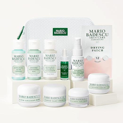 A Little Bit of Mario 10-Piece Skincare Kit ? Vitamin C Serum Glycolic Acid Toner Hyaluronic Dew Cream Collagen Mask HOCI Spray &amp Cleanser ? Brightening Anti-Aging &amp Hydration ? Travel &a