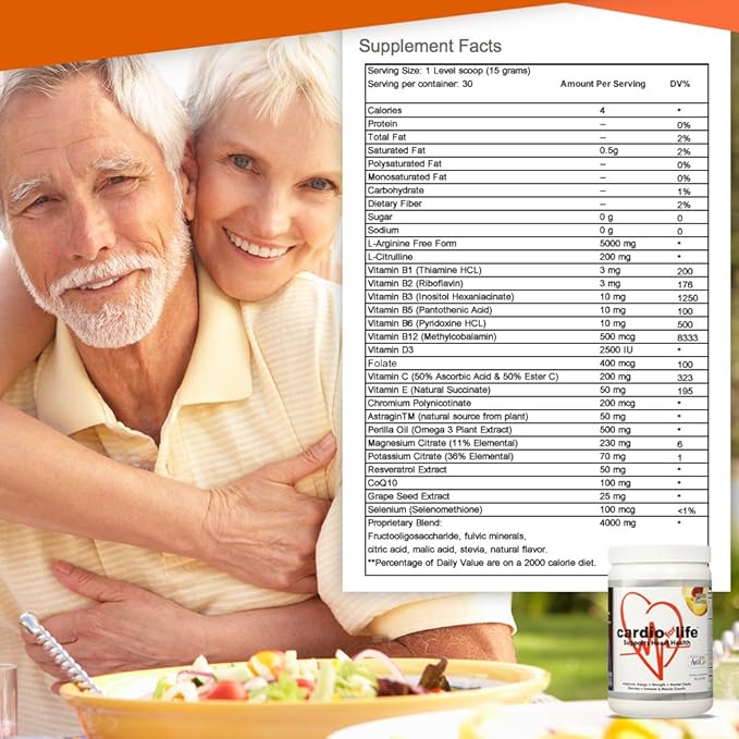 Cardio for Life L-Arginine Powder 16oz - Natural Nitric Oxide Supplement Cardiovascular Increase Energy - Peach