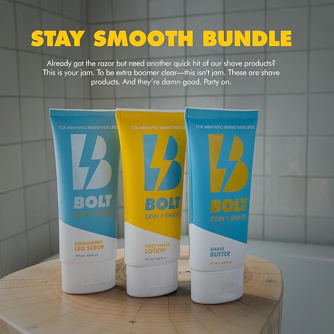 Stay Smooth Bundle for Men - Shaving Care Kit with Exfoliating Leg Scrub Shave Butter and Post-Shave Lotion - 6 Fl Oz Each