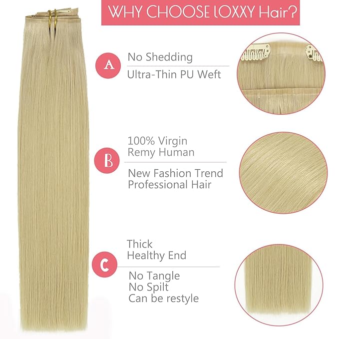 Loxxy Seamless Hair Extensions Clip in Human Hair Long Silky Straight 22inch Remy Human Hair Clip in Extensions Blonde Platinum #60A 150gram 8 Pcs