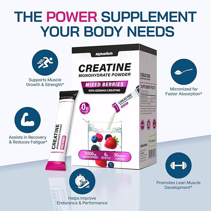 Creatine Monohydrate Powder ? Creapure® German-Sourced Mixed Berry Flavour 30 Stick Creatine Packs 5000mg Each | No Sugar No Fillers Gluten-Free