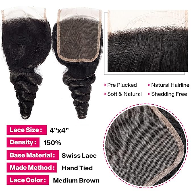 Loose Wave Bundles With 4X4 Lace Closure Free Part Human Hair Loose Deep Wave Bundles with Closure 12A 100% Unprocessed Brazilian Virgin Hair Extensions 20 22 24+18 Inch