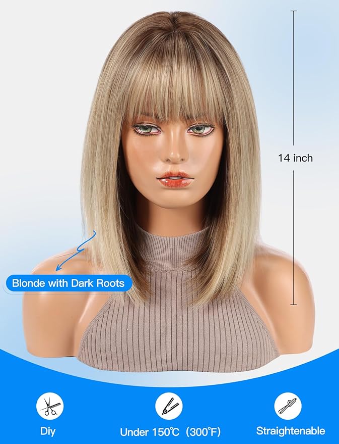 HAIRCUBE Bob Wigs for Women Synthetic Wig with Fringe Blonde with Dark Roots Color