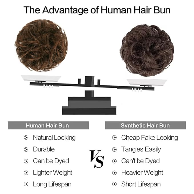 FESHFEN Human Messy Buns - 100% Human Hair Bun Real Scrunchies Hair Pieces Ponytail Extensions Wavy Tousled Updo Chignon Hairpieces for WomenChocolate Light Brown