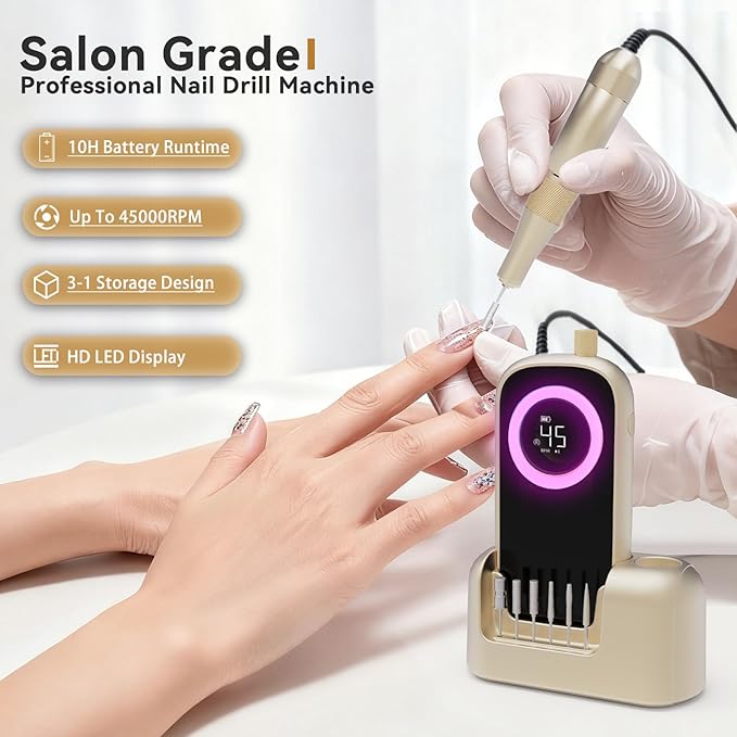 Electric Nail Drill 45000RPM 2025 Pro High Tech Fast Remove Cordless Nails Drill with Rechargeable Stand for Acrylic Nails 12Pcs Drill Bits and Holder LCD Professional Nail Machine for Salon Home