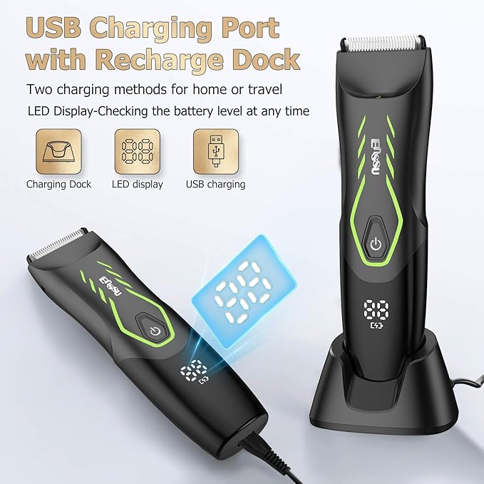 Manscape Body Hair Trimmer for Men Pubic Groin Hair Trimmer for Men with Safe Blade Cordless Ball Shaver w/Light Charging Dock Waterproof Body Groomer Man LED Display 1H ChargeGreen