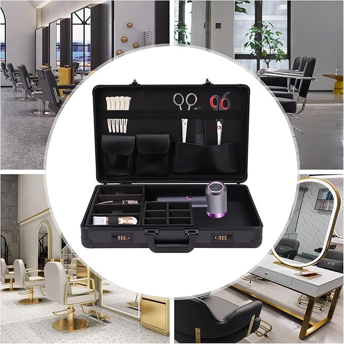 20.9x13x3.5 Professional Hairdressing Toolbox Portable Barber Carrying Case with Lock Beauty Barber Case Travel Stylist Tool Box Organizer for Clippers and Supplies Barbers(Black)