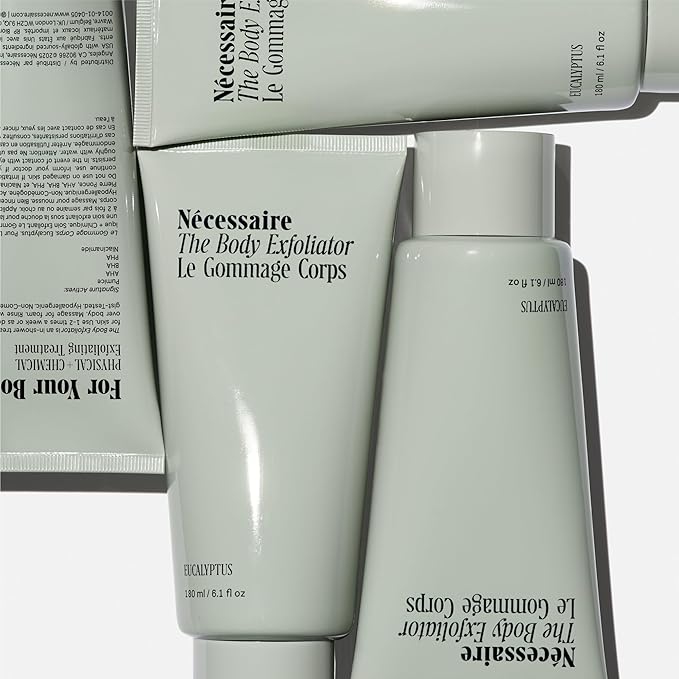 N?cessaire The Body Exfoliator. Eucalyptus. AHA/BHA/PHA. Resurface Skin. Smooth KP and Rough Patches. Hypoallergenic. Dermatologist-Tested. 180 ml / 6.1 fl oz