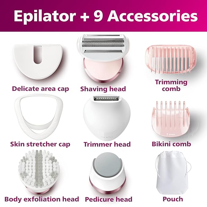 Philips Beauty Epilator Series 8000 5 in 1 Shaver for Women Trimmer Pedicure &amp Body Exfoliator + 9 Accessories BRE740/14