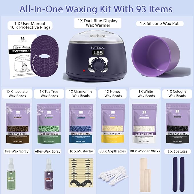 BLITZWAX Brazilian and Bikini Waxing Kit for Men Hard Wax Warmer for Face Legs and Body At Home Hair Removal Kit Beginner Friendly Quick Heating 30 Nose Wax Sticks