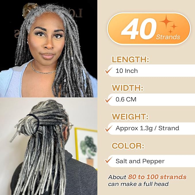10 inch 40 Strands Loc Extensions Human Hair 0.6cm Width Real Human Hair Dreadlocks Extensions for Man/Women Full Handmade Dreads Can be Dyed(Salt and Pepper)