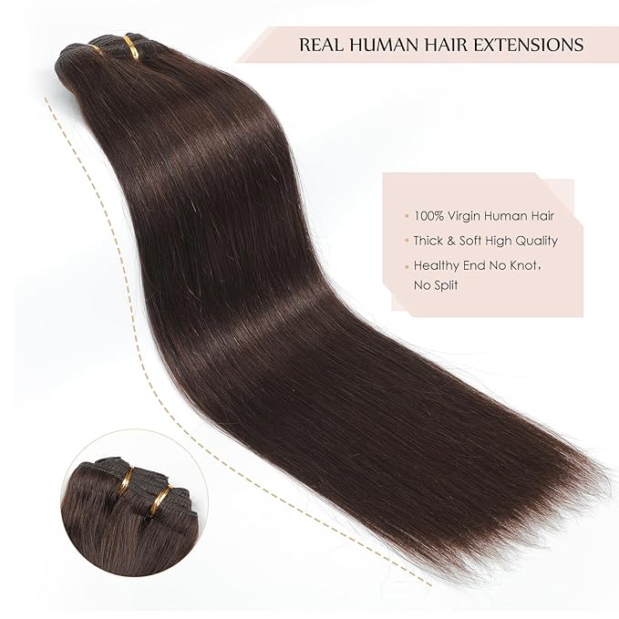 Sisily Clip in Hair Extensions Real Human Hair 22 inch 170g Dark Brown 100% Brazilian Remy Human Hair Clip in Extensions Soft Straight 7pcs Per Set with 16 Clips Double Weft