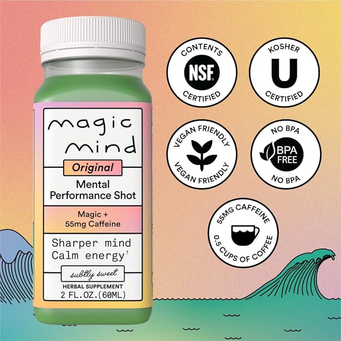 Magic Mind Energy And Focus Drink Shots - Stress Relieving No Jitters Ashwagandha Vitamin B12 Vitamin C Matcha Green Tea Functional Mushrooms - 2 FL Oz (15 Pack)