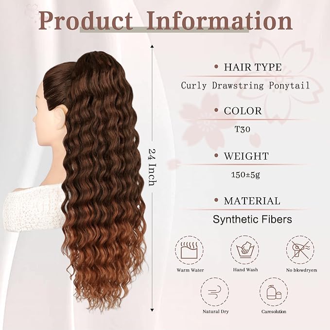 AISI BEAUTY Ponytail Extension for Black Women Drawstring Ponytail Natural Black Long Curly Wavy Ponytail 24 Inch Synthetic Clip in Ponytails Hair Extensions for Daily Use(T1B/30)