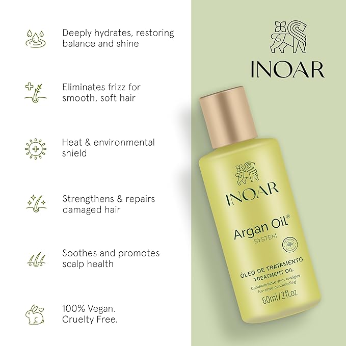 Inoar Argan Oil Hydrating Treatment Oil with Smoothing &amp Thermal Protection for Hair Vegan &amp Cruelty-Free 2 Fl Oz