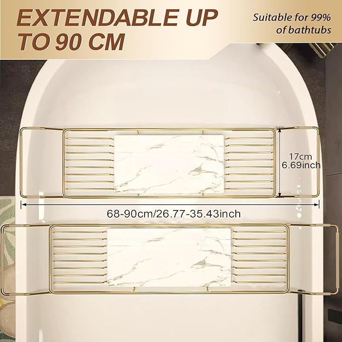 BVL Bathtub Tray Stainless Steel with Marble Base Gold Bathtub Tray with White Marble Base Adjustable &amp Rustproof Bath Caddy for Spa Relaxation Bath Bombs