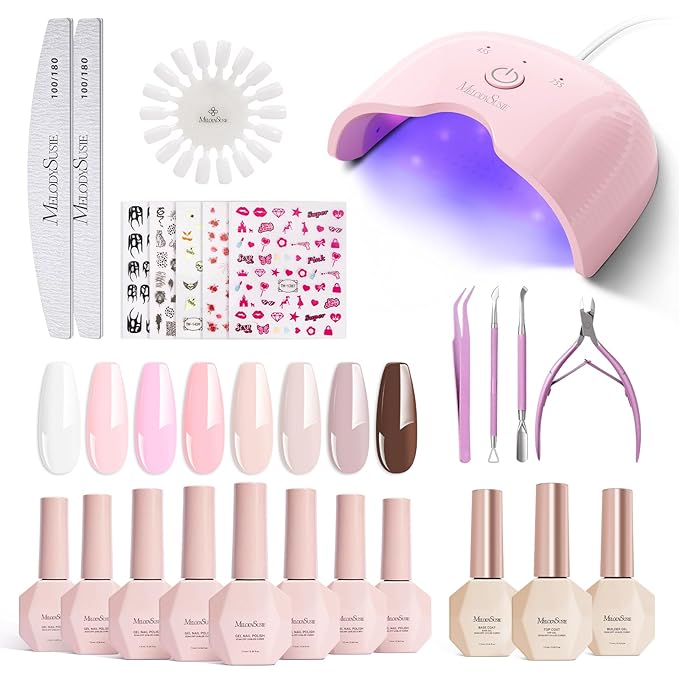MelodySusie Gel Nail Polish Kit with UV Light P-ART06F- Popular Color Gel with Builder and Baser &ampGlossy Top Coat Soak Off Includes Nail Art Tools Nail Art Gift for Women &amp Girls