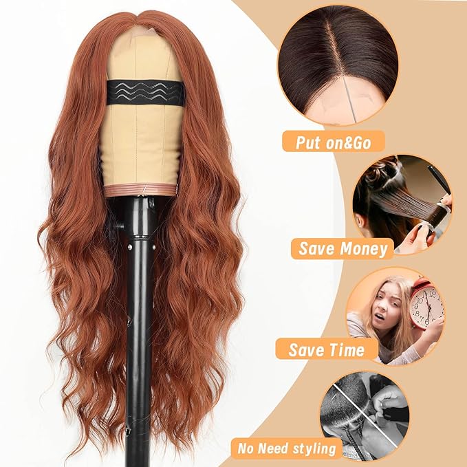 AISI HAIR Ginger Wig for Women Long Wavy Lace Hairline Middle Part Synthetic Heat Resistant Wig for Daily Party-26 Inch