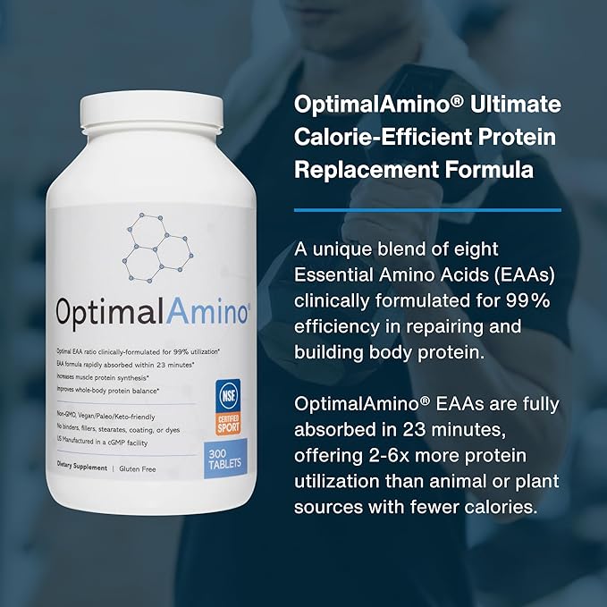 OptimalAmino Tablets (300 Count) | 99% Utilized Essential Amino Acid (EAA) Supplement Increase Muscle Recovery BCAA Protein Pre/Post Workout | NSF Certified for Sport® Certified