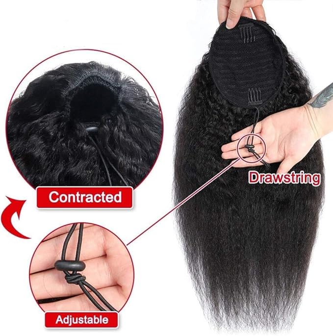 datanala Brazilian Remy Kinky Straight Ponytail Human Hair Extensions 16Inch Drawstring Ponytail Yanky Straight Human Hair Ponytail Clip in Hair Extensions Nature Black Color for Women