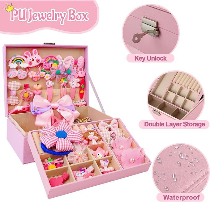 Hair Accessories Set with Jewelry Box - Hair Clips Barrettes Ties Bows for Girls Ages 3-12