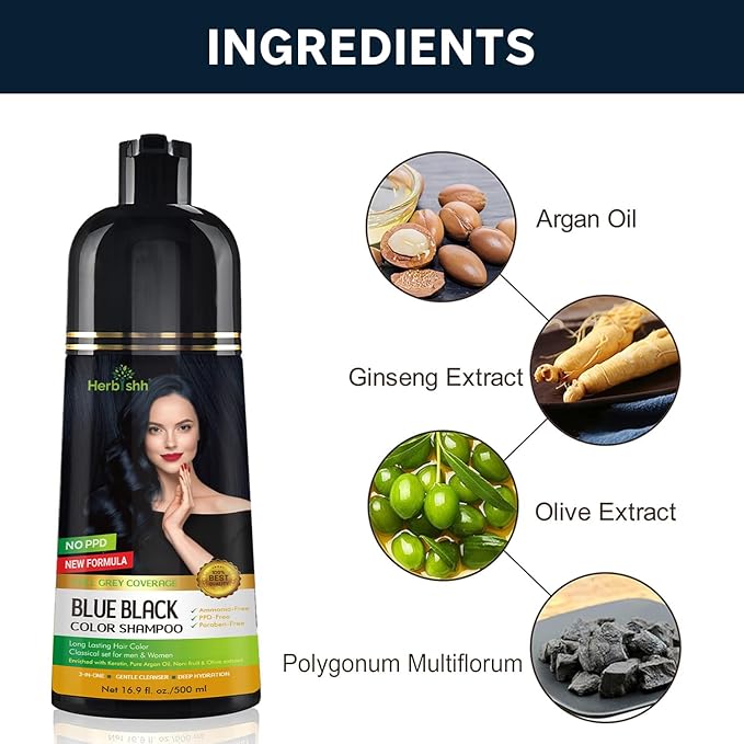 Herbishh Blue Black Hair Color Shampoo - 3-In-1 Magic Dye for Gray Hair 500 Ml + Argan Oil for Dull Dry Damaged Hair 30ML