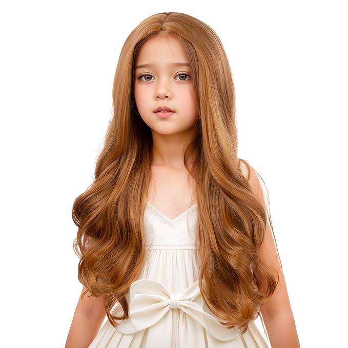 Girls Strawberry Blonde Wig Kids Long Blonde Wavy Curly Wig Child Middle Part Wigs Heat Resistant Synthetic Wigs with Cap