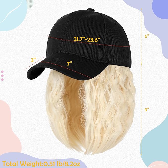Baseball Hat WigHat with Hair attached 16'' Adjustable Black Cap with Wavy Curly Synthetic Bob Hair Extensions for Women Girls(Bleach Blonde)