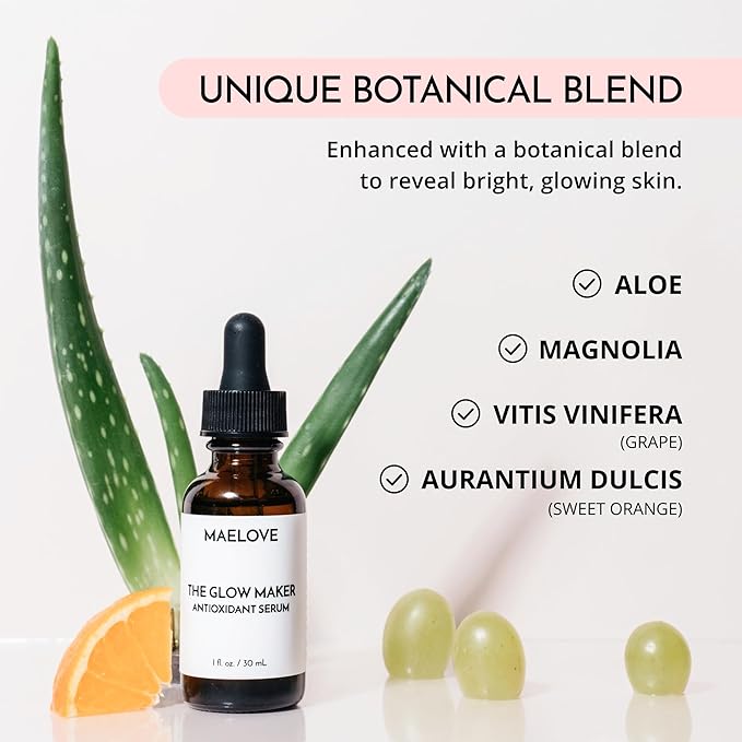 MAELOVE Glow Maker Vitamin C Serum with Vitamin E Ferulic Acid &amp Hyaluronic Acid Award-Winning Brightening and Hydrating Facial Serum Unscented 1.0 fl oz
