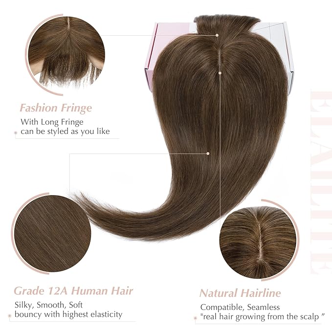 Elailite Hair Toppers for Women Real Human Hair Topper with Bangs Thinning Thin 5.1x2.8 Silk Base Clip in Remy Hairpieces 14 Inch Medium Brown