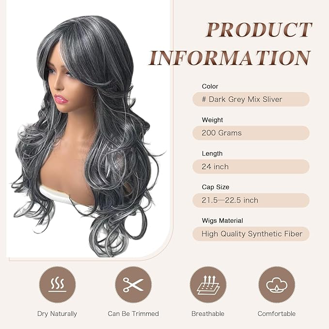 Dark Gray Highlight Wigs for Women Long Layered Wavy Wig with Curtain Bangs Synthetic Wig Black Mixd Dark Grey Highlight Curly Butterfly Shaggy Grey Layered Hair for Women Daily Party Use 24Inch